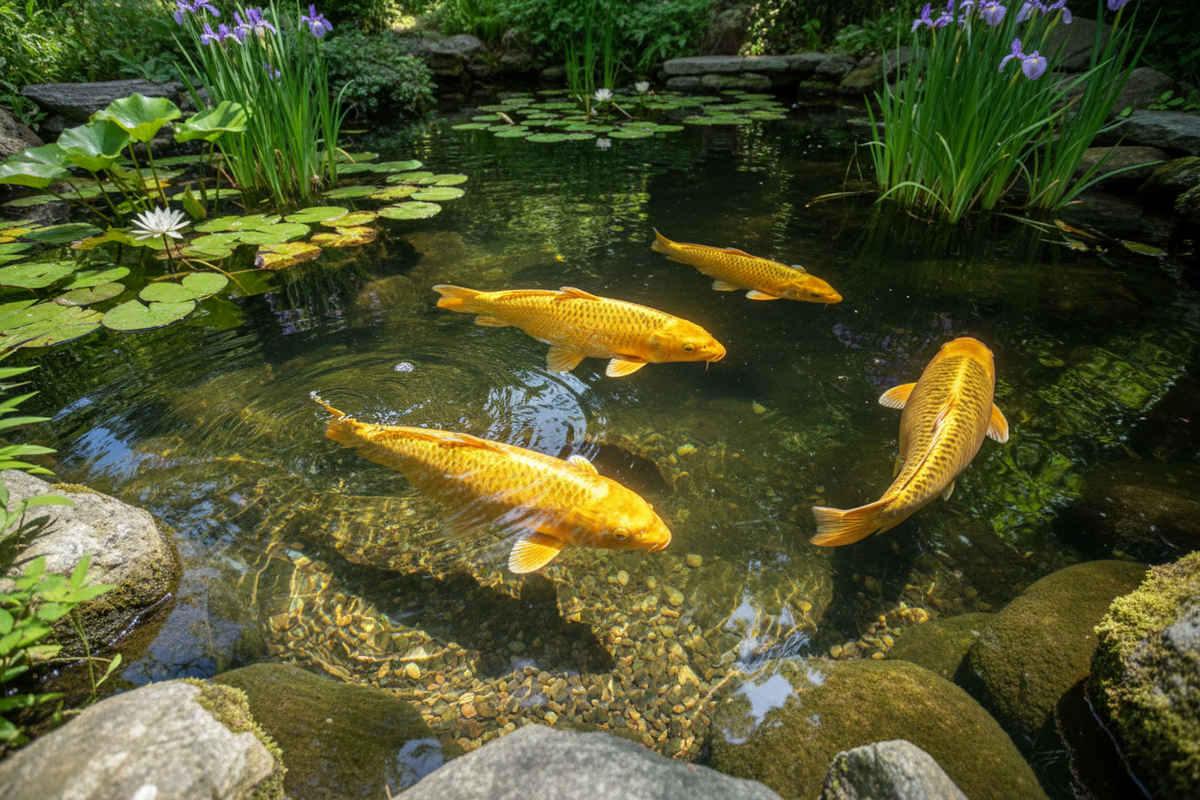 create yamabuki ogon koi about 3 or 4 of them in a pond