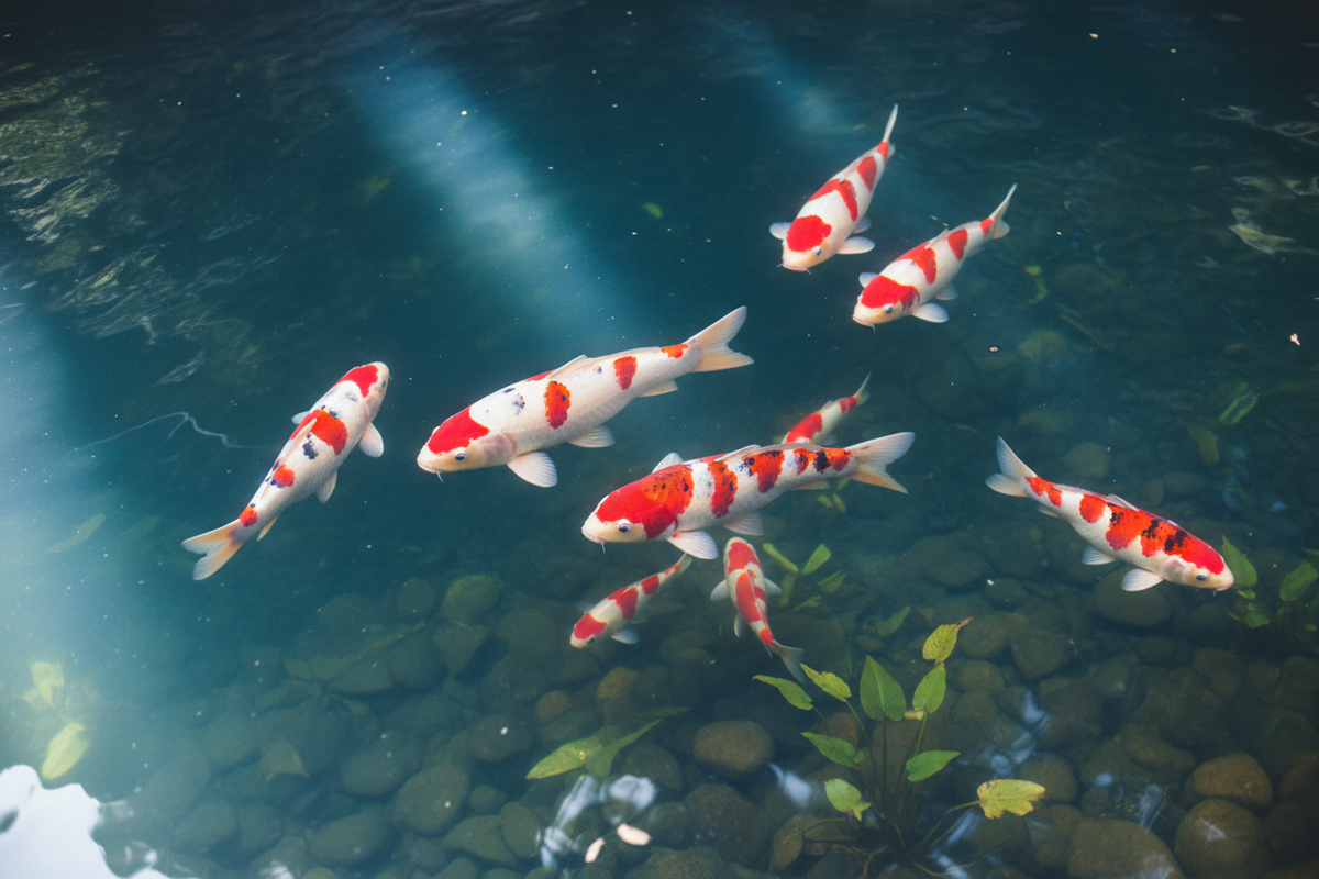 red and white koi (kohaku) in a group in a pond